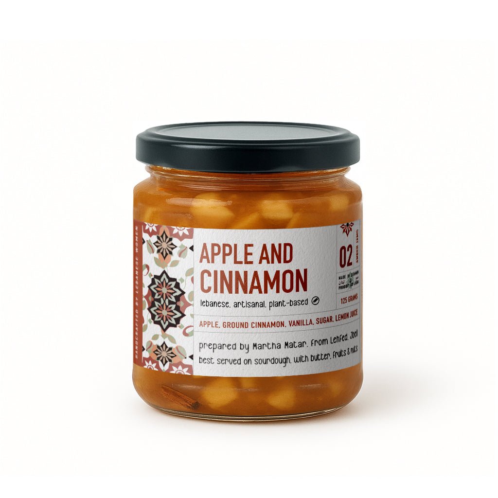 Jar of Jar Thuraya apple, cinnamon and vanilla jam on a white background