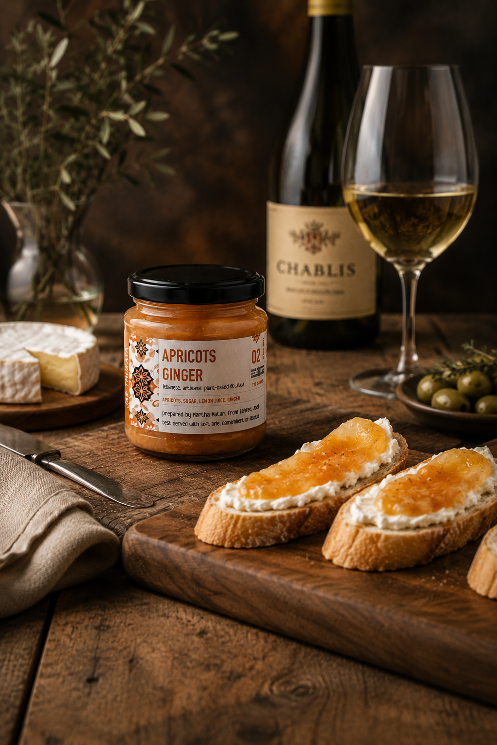 Jar of apricots with ginger on a wooden board with bread and wine in the background