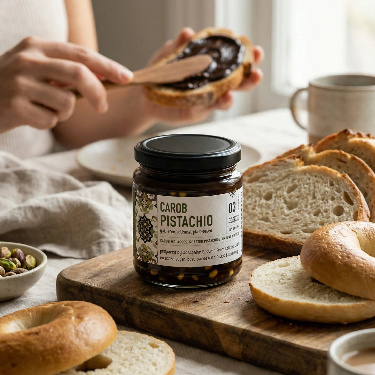 Person spreading jam on a bagel with a jar of Carob Pistachio spread on a wooden board.