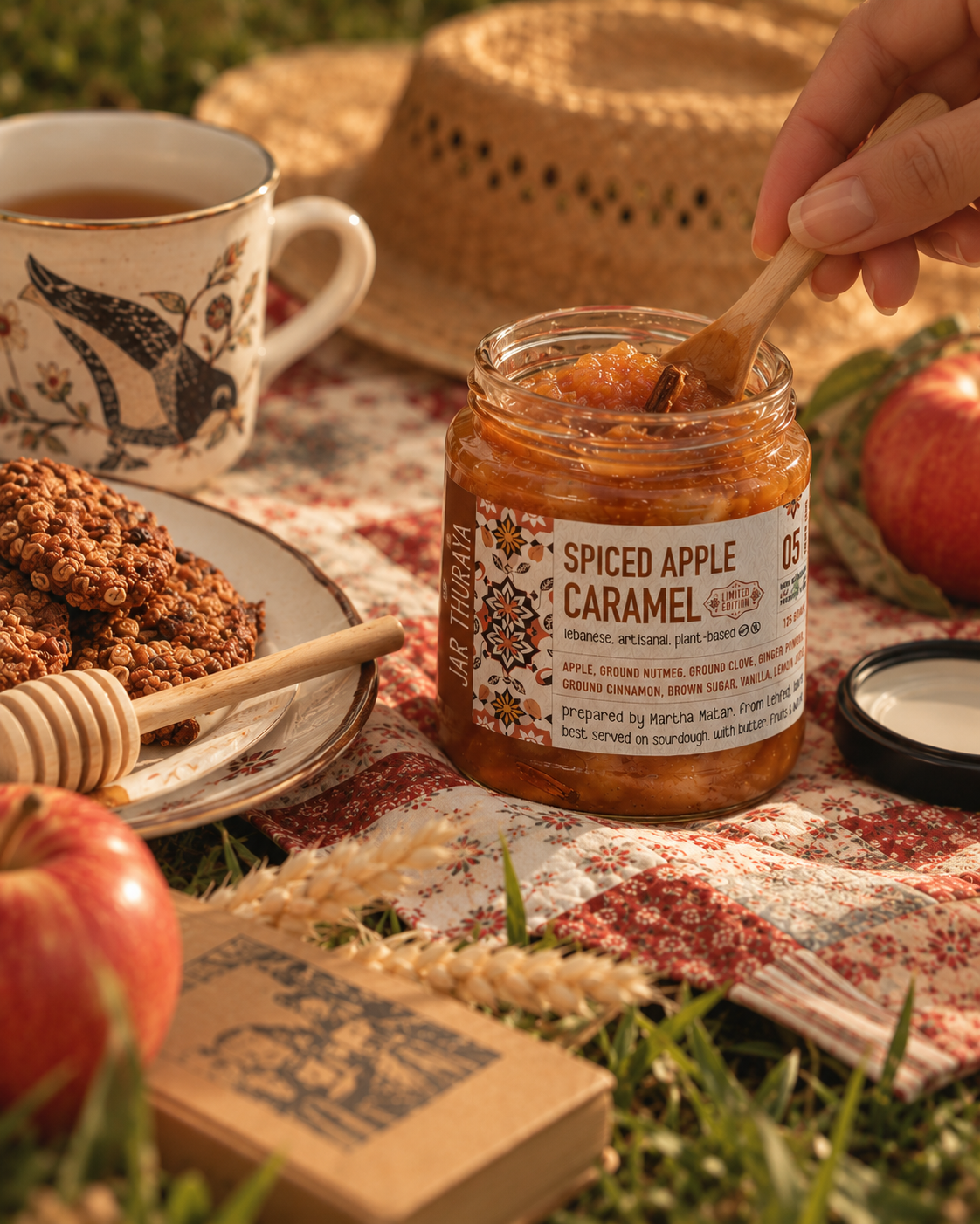 A jar of Spiced Apple Caramel spread is shown on a picnic blanket outdoors, with a hand reaching in with a wooden spoon. Surrounding props include an apple, a cup of tea, a plate with crumbly topping and honey dipper, a straw hat, and a small box.