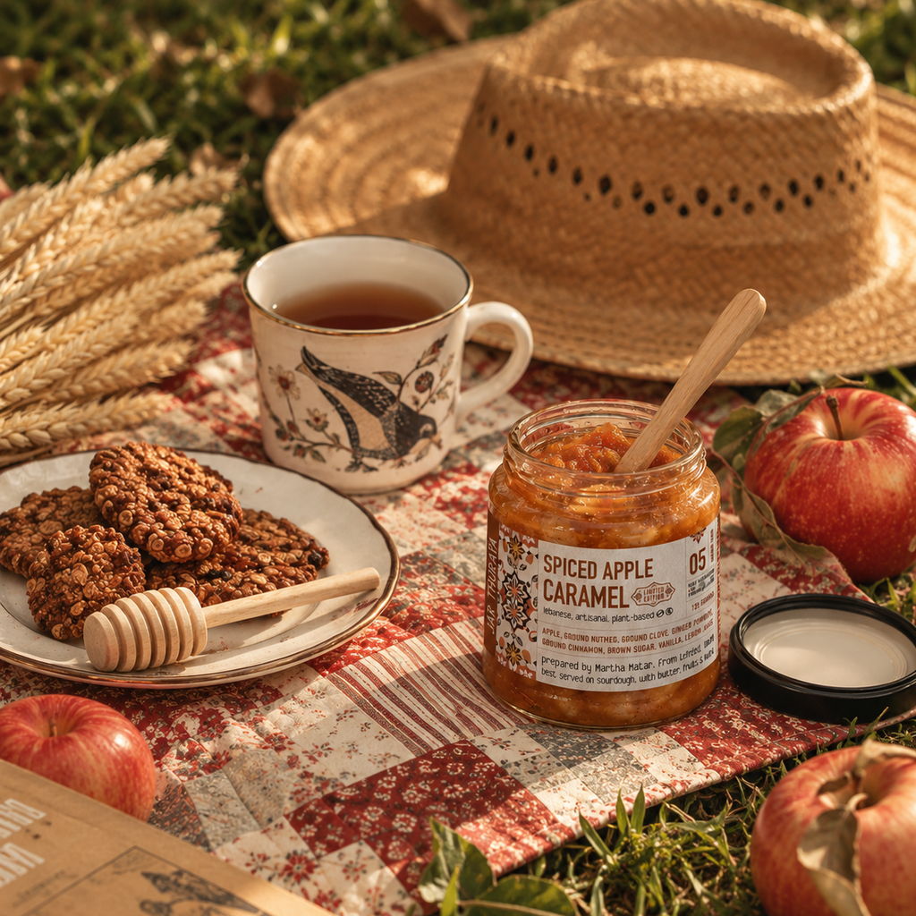 A styled picnic scene outdoors on grass with a straw hat, plate of cookies, a cup of tea, apples, and a jar of Speed Apple Caramel spread open on a patterned blanket.