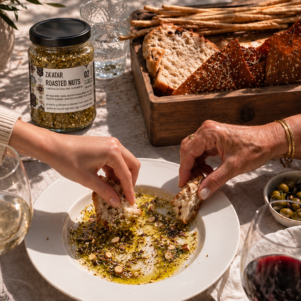 A lifestyle shot of a person dipping a piece of bread into a white plate of seasoned olive oil and nuts, with a jar of ZAATAR ROASTED NUTS in the background on a dining table.
