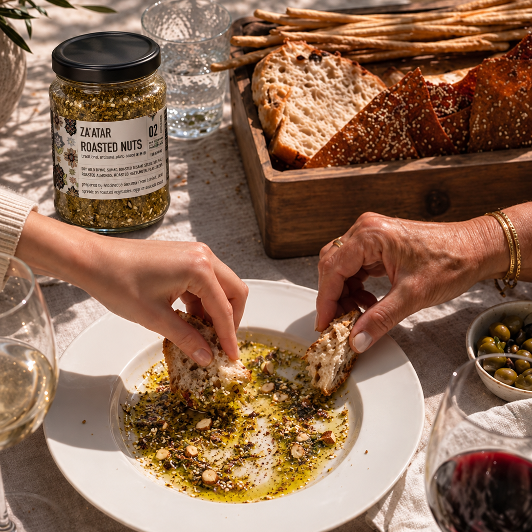 A lifestyle shot of a person dipping a piece of bread into a white plate of seasoned olive oil and nuts, with a jar of ZAATAR ROASTED NUTS in the background on a dining table.