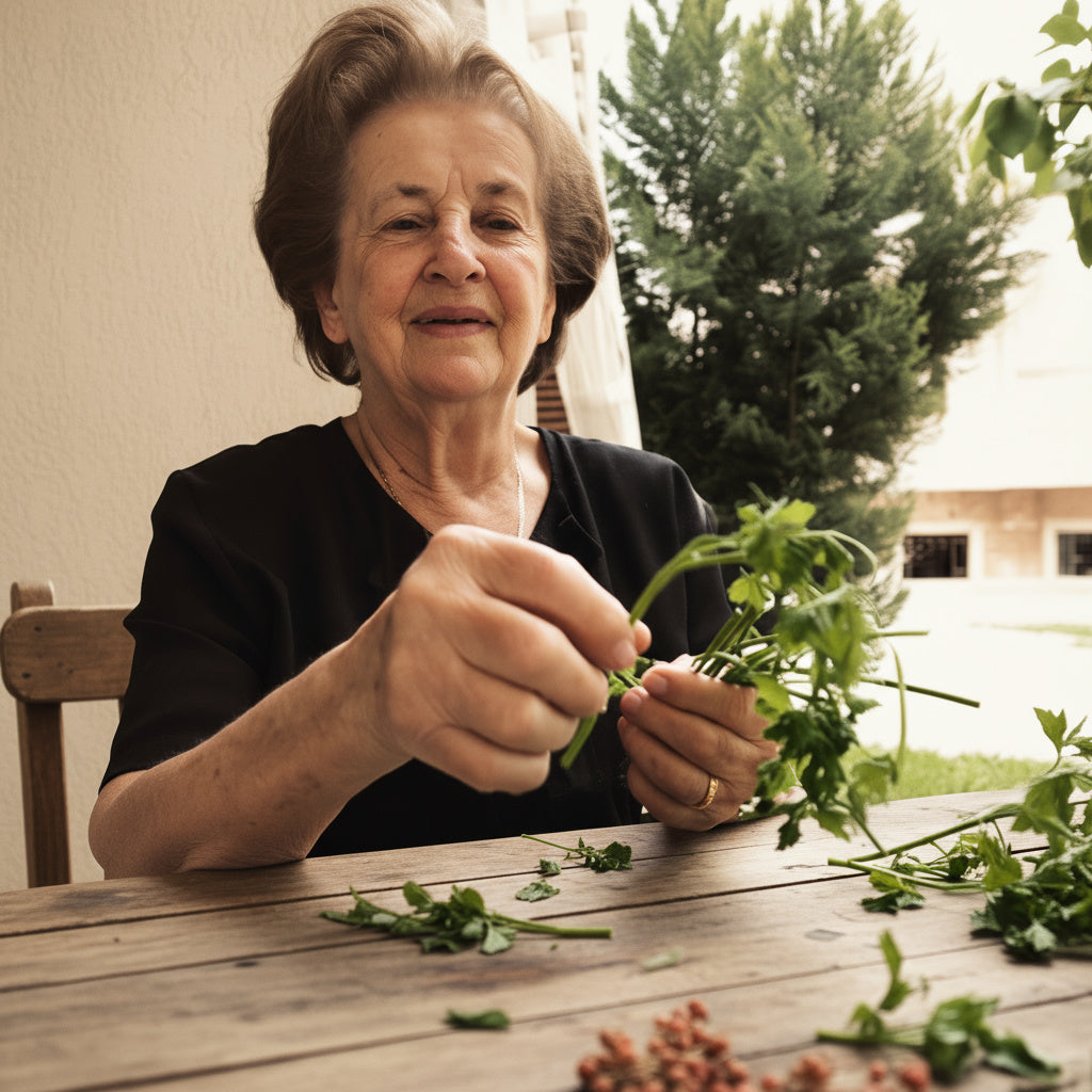 Woman sitting at a table outdoors, holding and examining green herbs.