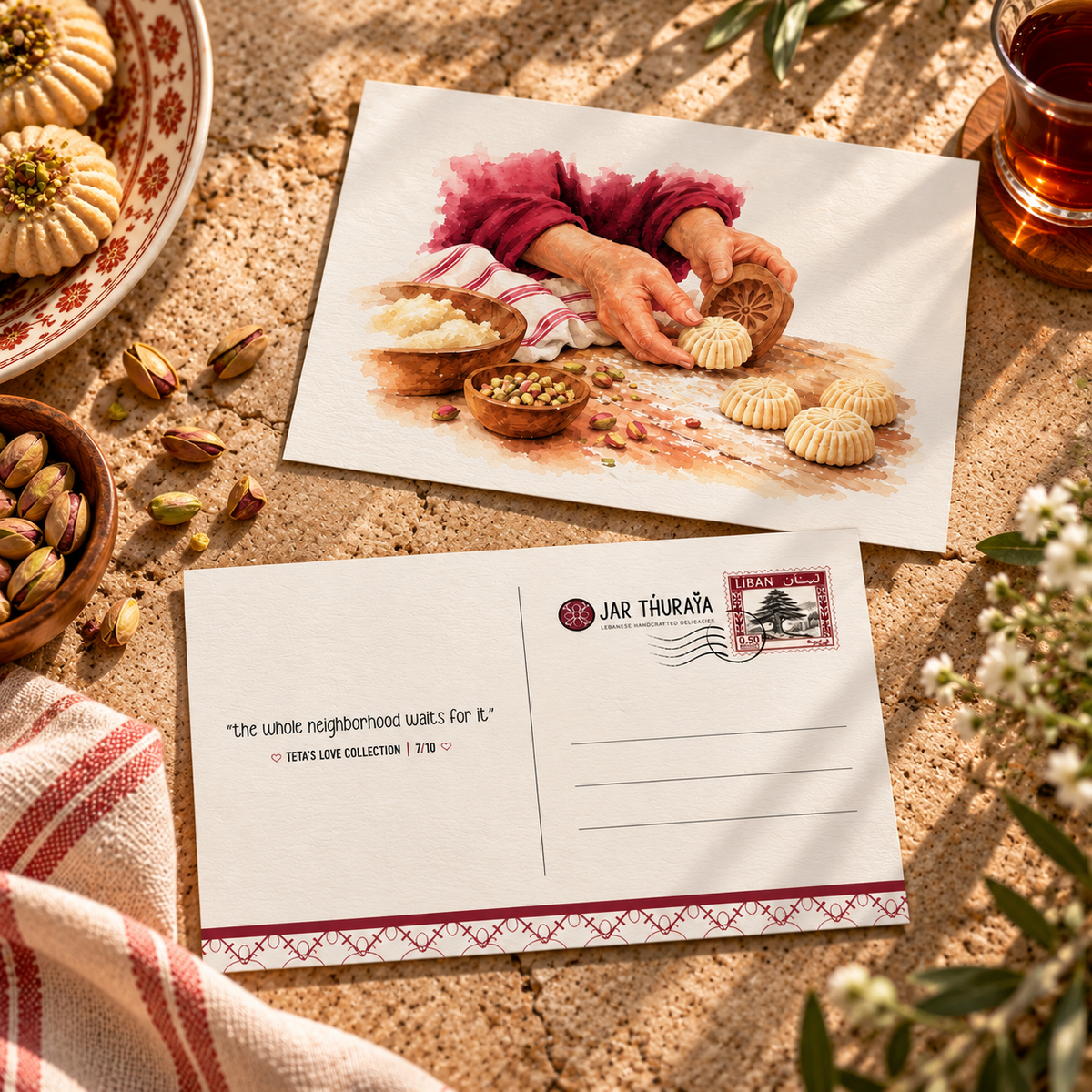 Maamoul postcard styled with traditional cookies, pistachios and tea