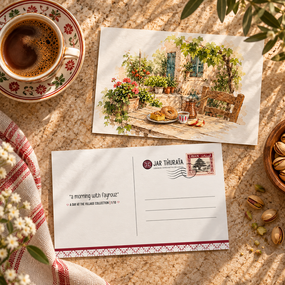 Village morning postcard styled beside a cup of coffee on a sunlit table