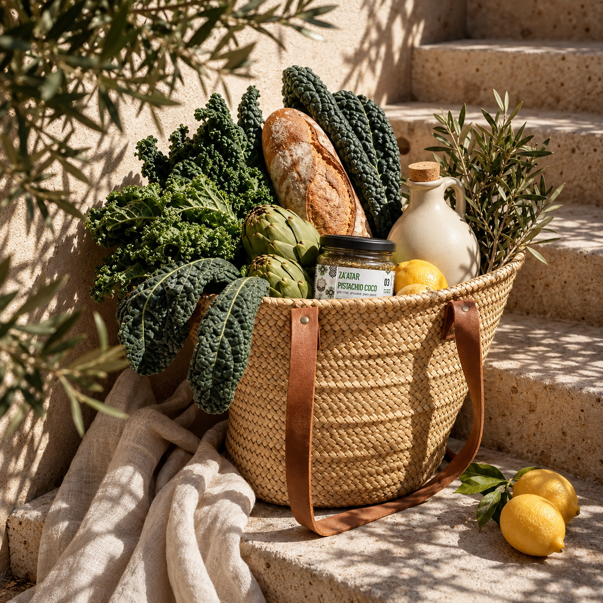 A woven straw tote basket with brown leather handles sits on stone steps, filled with fresh vegetables, a loaf of bread, a ceramic bottle, and lemons. A jar of pesto is visible at the front of the basket.