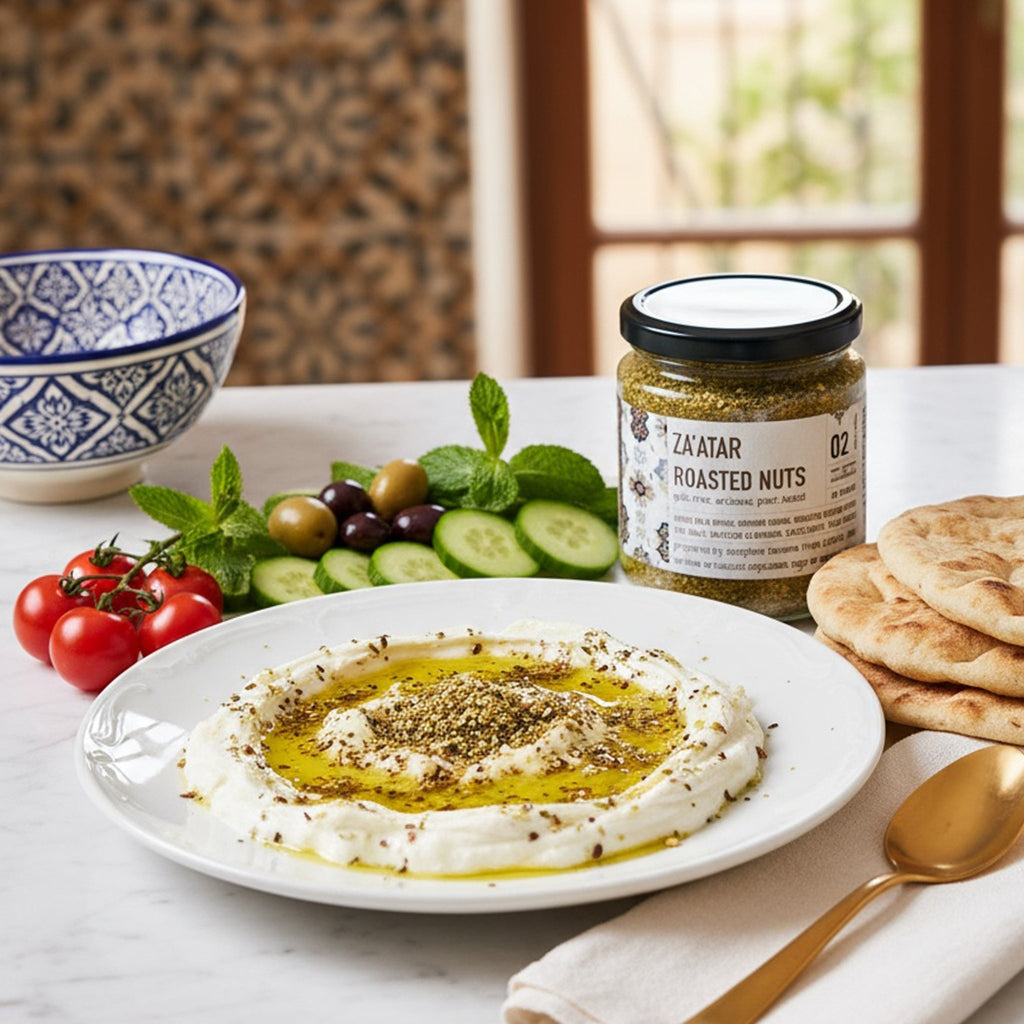 Labneh drizzled with olive oil and za'atar with roasted nuts, served with pita, olives and fresh vegetables