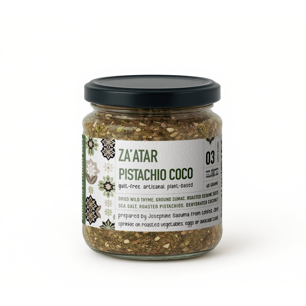 Jar of Jar Thuraya pistachio and coconut za'atar, front label on a white background