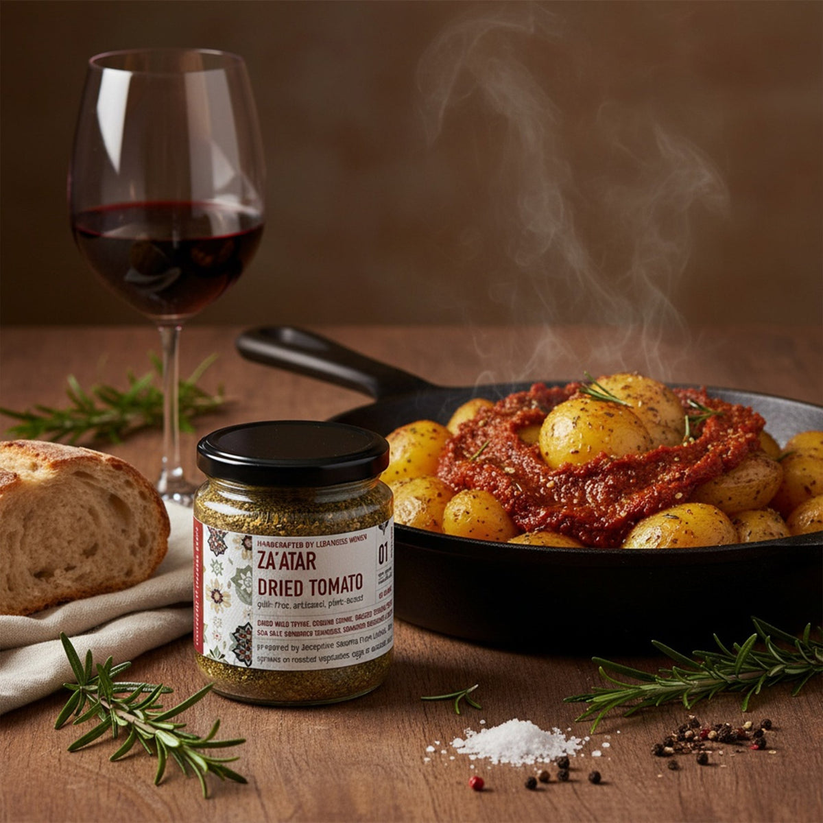 Roasted potatoes in tomato sauce seasoned with Jar Thuraya sun-dried tomato and rosemary za'atar, with bread and red wine