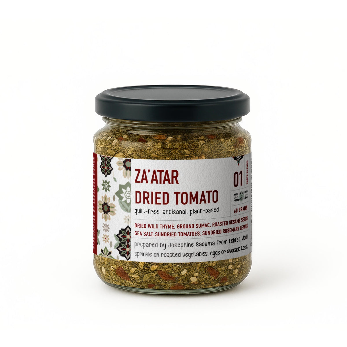 Jar of Jar Thuraya za'atar with dried tomato, front label on a white background