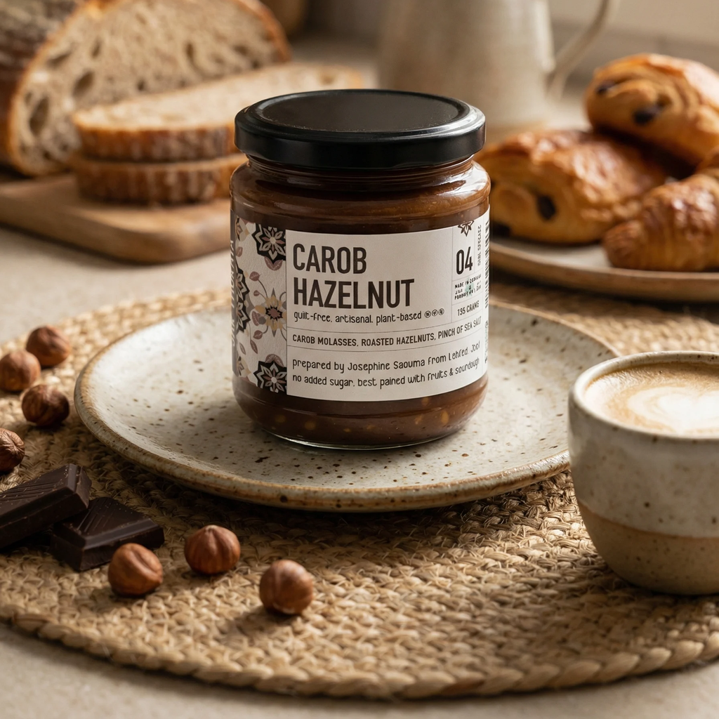 Jar of carob hazelnut spread on a plate with bread and coffee in the background