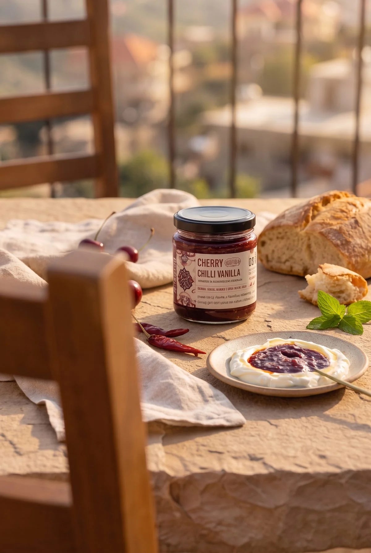 A jar of Cherry Chilli Vanilla Jam sits on a rustic stone table, styled with a small plate of the jam, bread, cherries, and a spoonful of cream, set against a warm, blurred outdoor background.