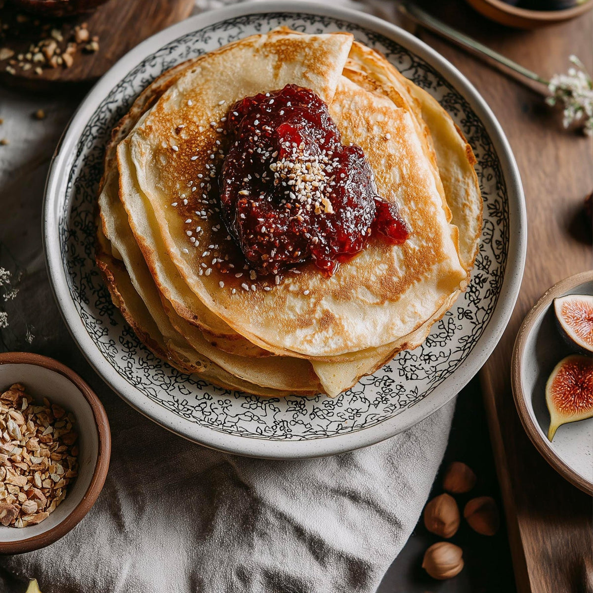 Stack of crepes topped with red fig and mastic jam and sesame seeds, with fresh figs alongside