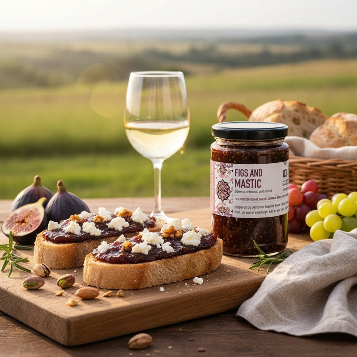 Red fig and mastic jam spread on crostini with soft cheese, next to the Jar Thuraya jar, figs and a glass of white wine