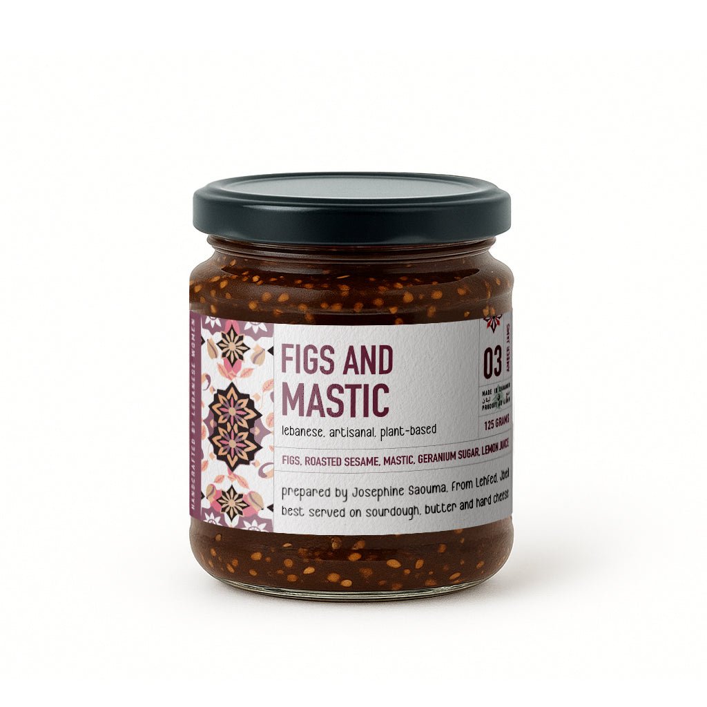 Jar of Jar Thuraya red fig, mastic and geranium jam, front label, on a white background