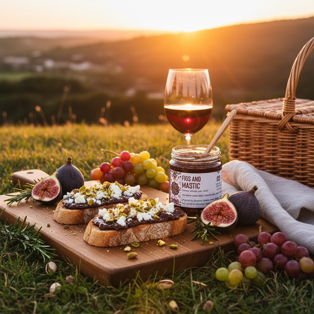 Picnic at sunset with red fig and mastic jam on toasted bread, fresh figs, grapes and the Jar Thuraya jar