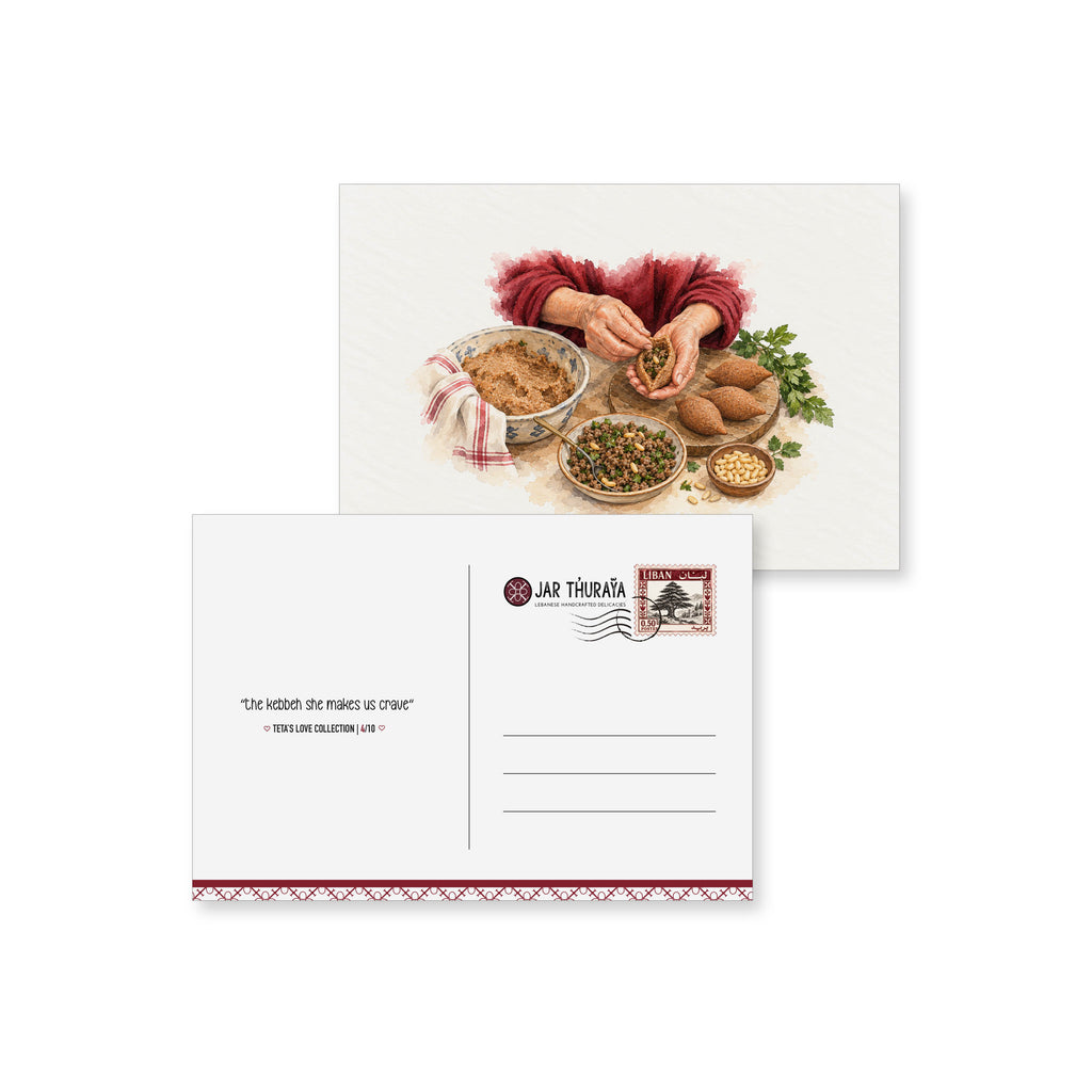 Illustrated postcard of hands preparing Lebanese kibbeh