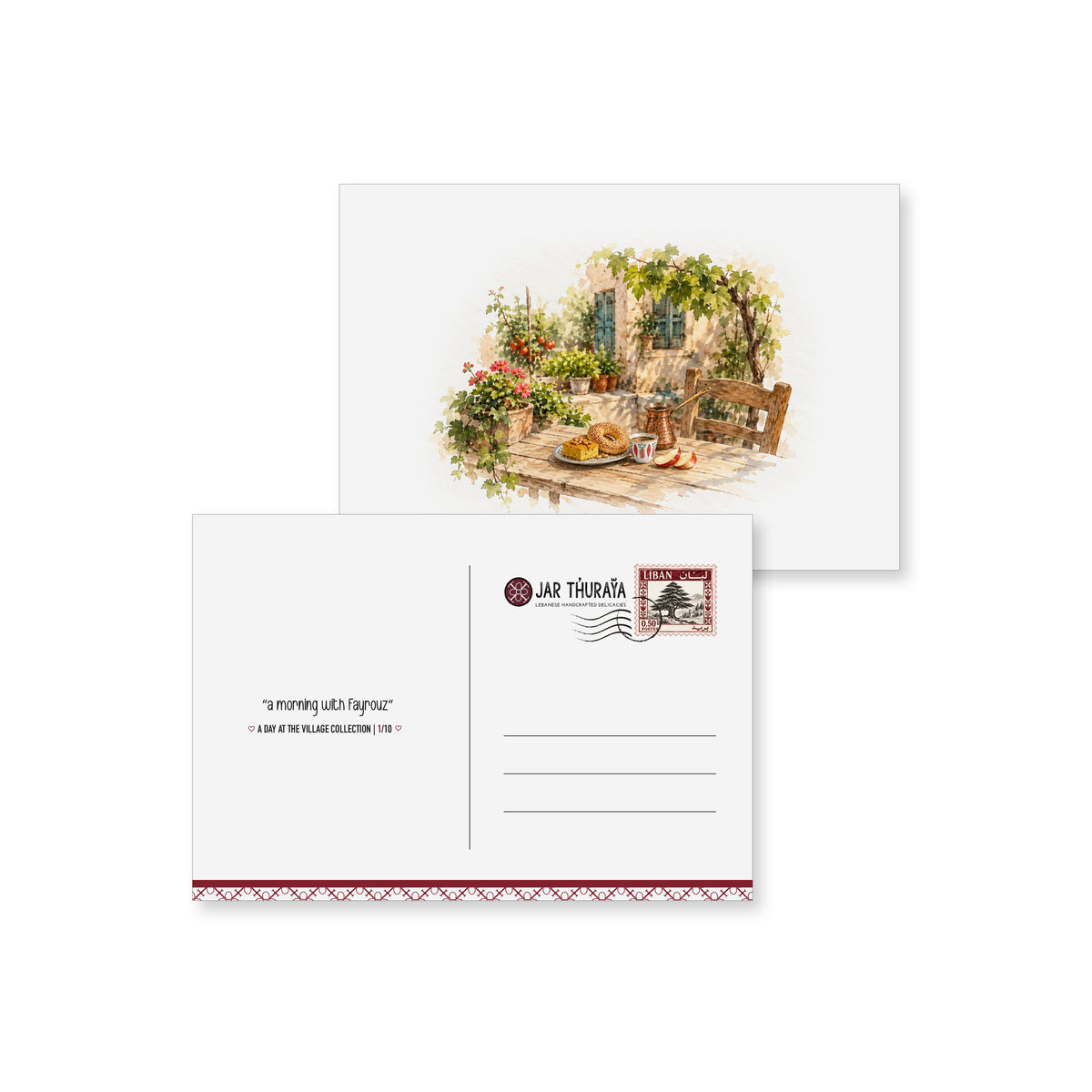 Illustrated postcard of a village garden table with coffee and breakfast
