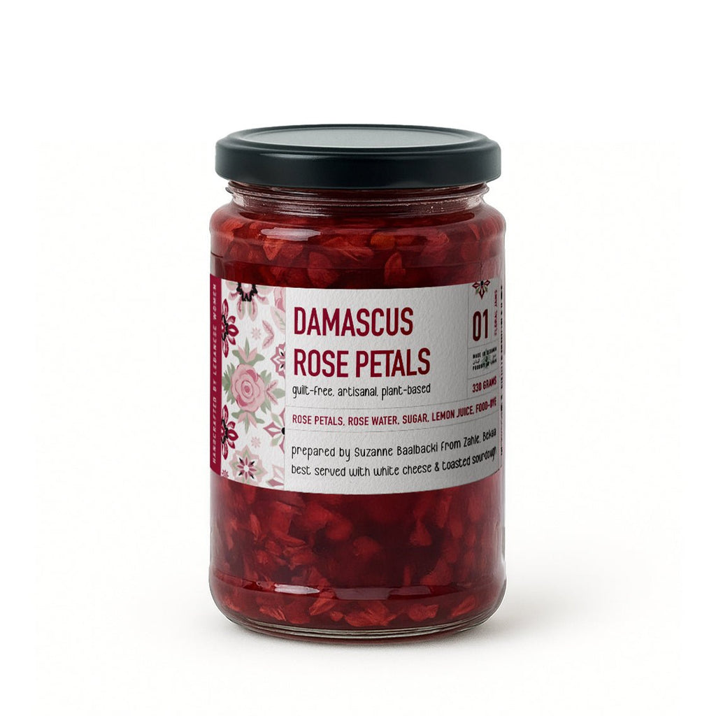 Damascus rose petals visible inside a Jar Thuraya jam jar