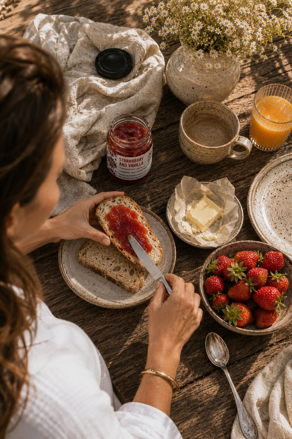 Woman spreading strawberry jam on bread at an outdoor breakfast table with fresh strawberries, butter and orange juice