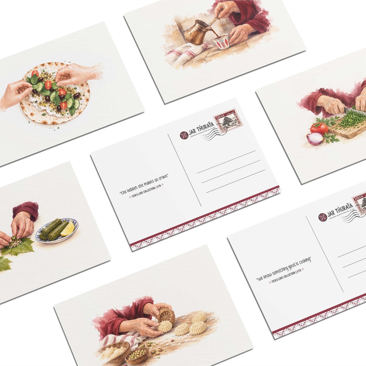Teta's Love Collection postcards with illustrations of Lebanese food and family traditions